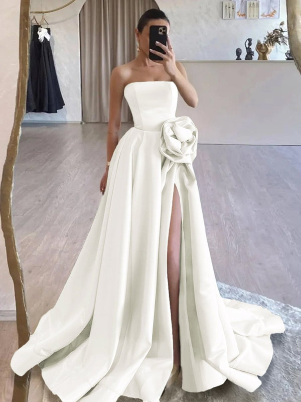 KissProm-Vanora Ivory Strapless Satin Long Prom Dress With High Split
