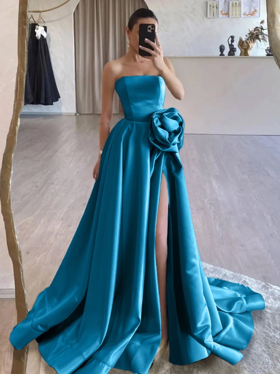 Black Strapless Satin Long Prom Dress with High Split Peacock / 14 Black Strapless Satin Long Prom Dress with High Split Peacock / 14