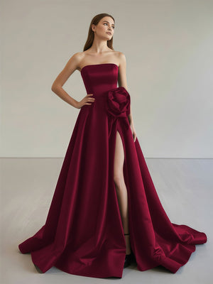 Vanora | Black Strapless Satin Long Prom Dress With High Split - KissProm