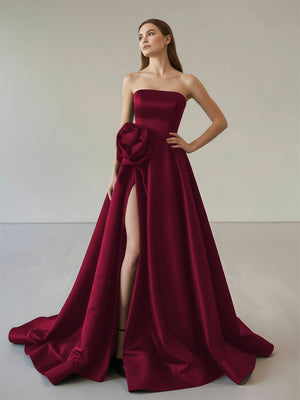 Black Strapless Satin Long Prom Dress With High Split