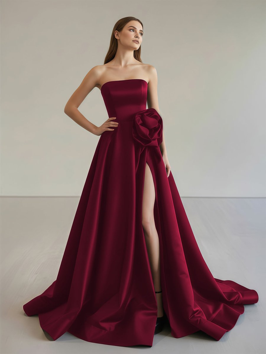 Black Strapless Satin Long Prom Dress With High Split, Burgundy / 0 Black Strapless Satin Long Prom Dress With High Split, Burgundy / 0