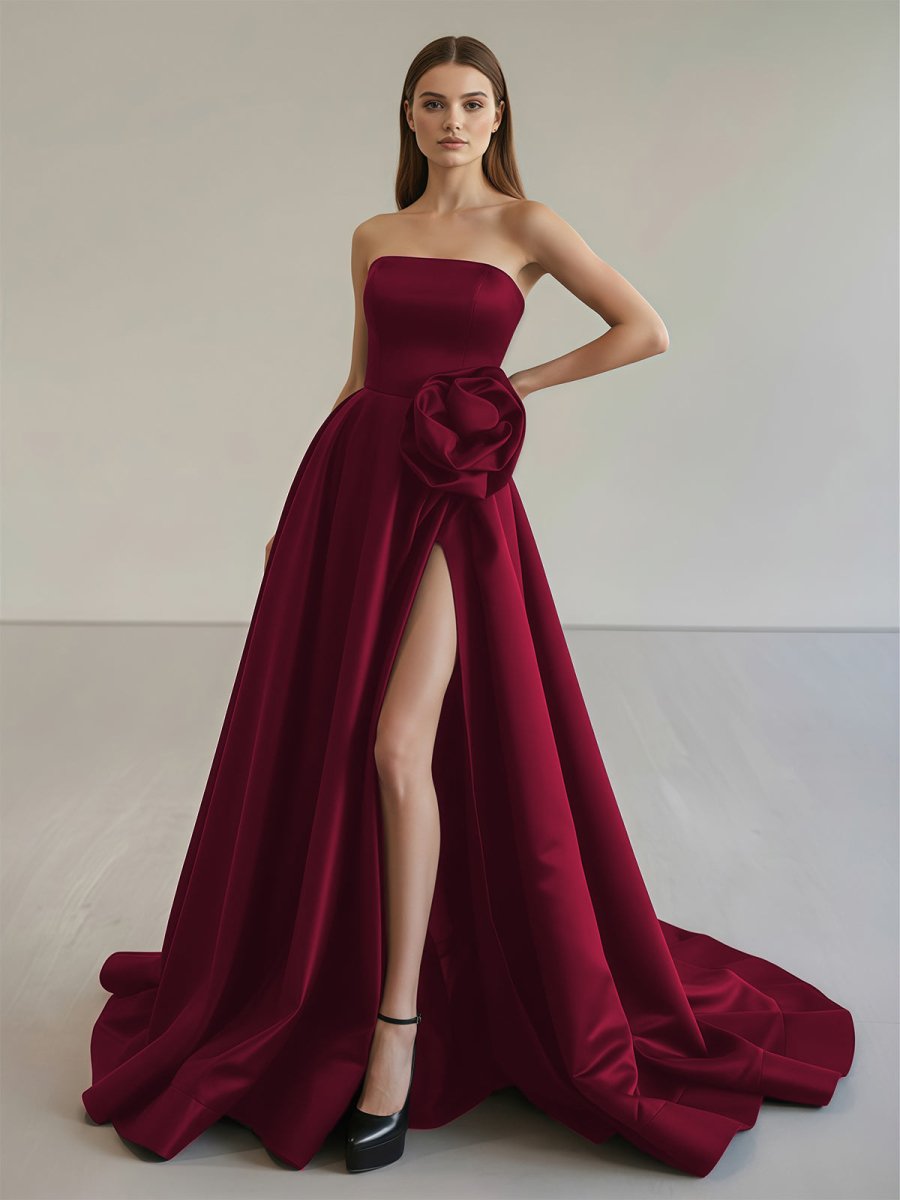 Vanora | Black Strapless Satin Long Prom Dress With High Split - KissProm