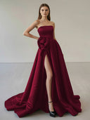 Black Strapless Satin Long Prom Dress With High Split