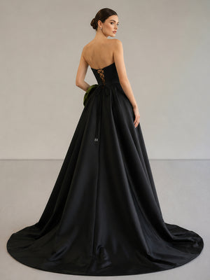 Black Strapless Satin Long Prom Dress With High Split - KissProm