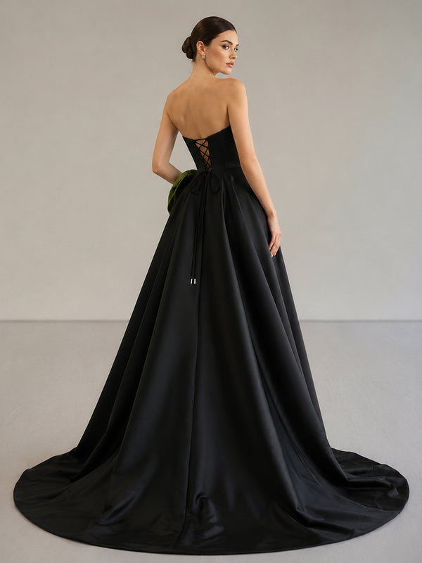 Black Strapless Satin Long Prom Dress With High Split - KissProm