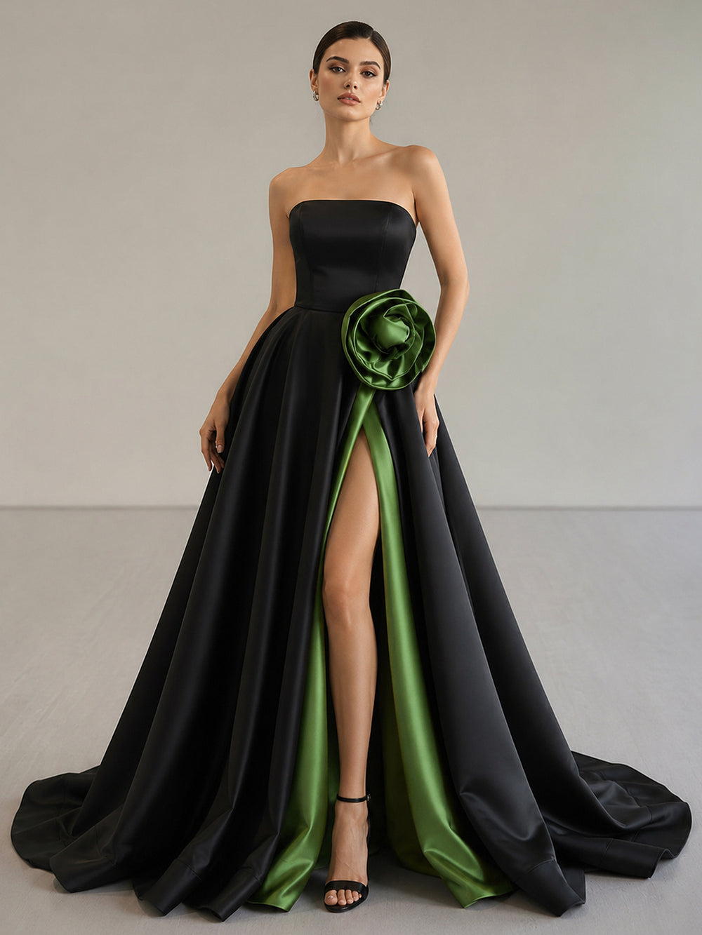 Black Strapless Satin Long Prom Dress With High Split - KissProm