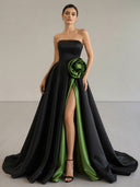 Black Strapless Satin Long Prom Dress With High Split - KissProm