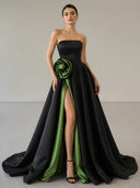 Black Strapless Satin Long Prom Dress With High Split