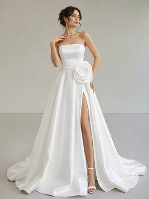 Black Strapless Satin Long Prom Dress With High Split - KissProm