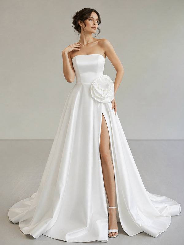 Black Strapless Satin Long Prom Dress With High Split - KissProm