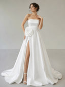 Black Strapless Satin Long Prom Dress With High Split