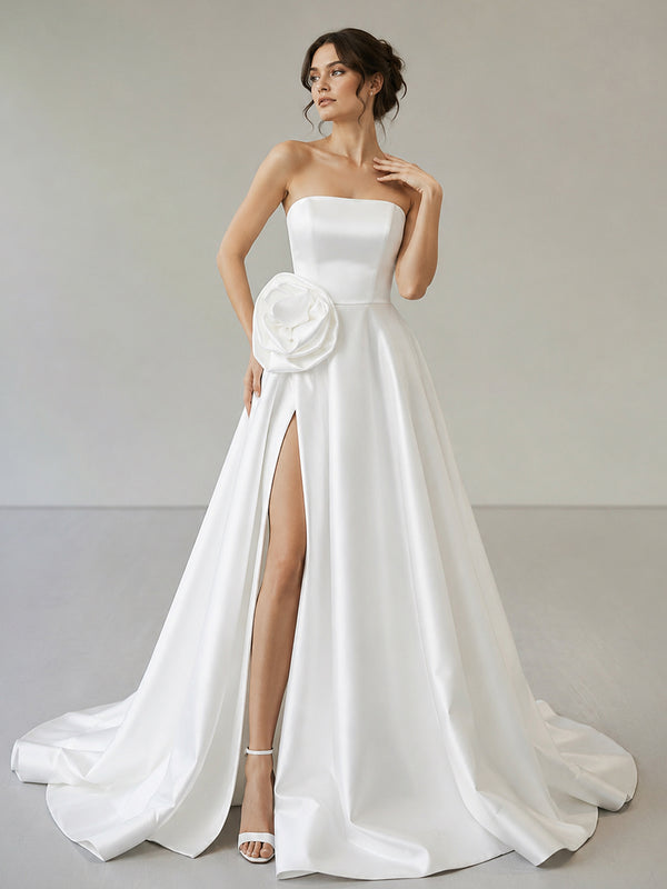 Black Strapless Satin Long Prom Dress With High Split