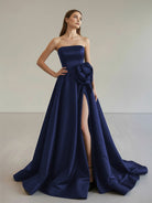 Vanora | Black Strapless Satin Long Prom Dress With High Split - KissProm