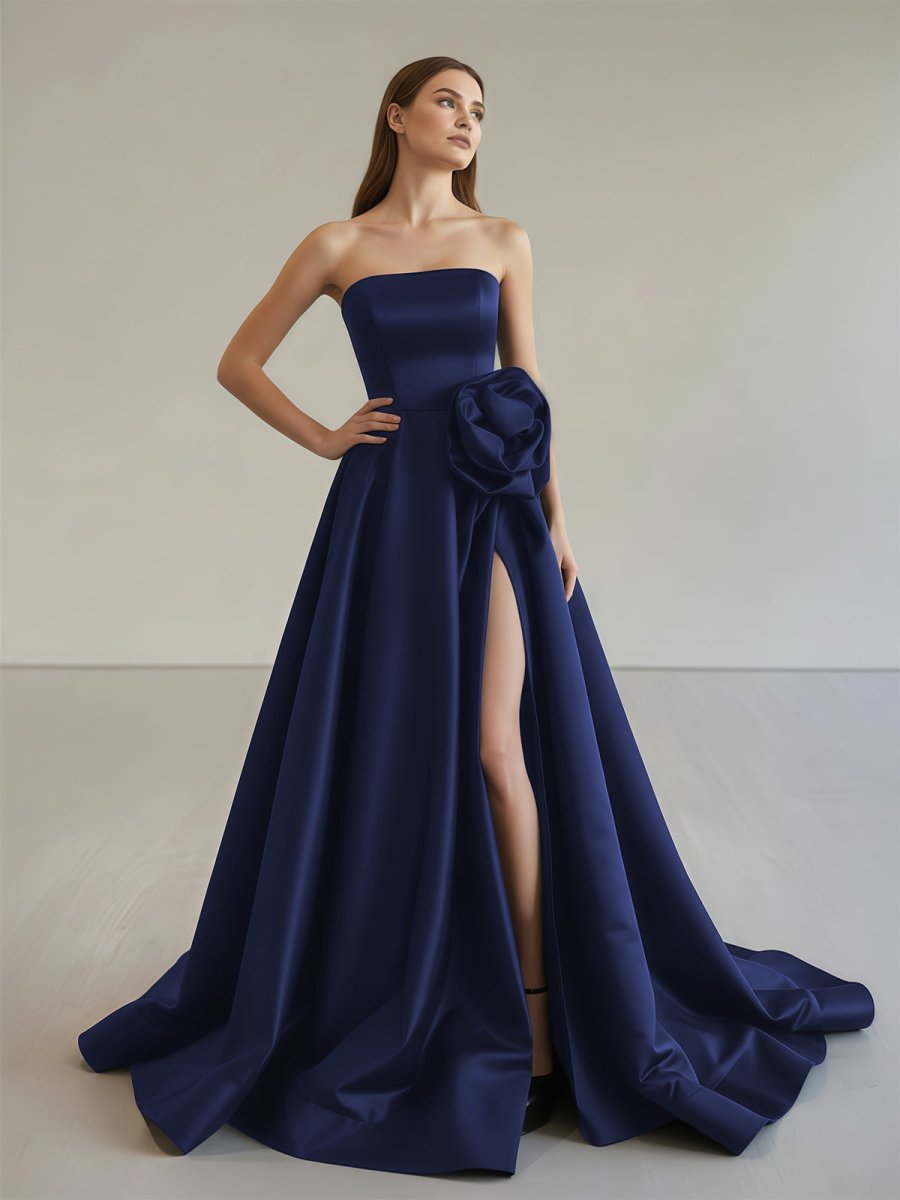 Vanora | Black Strapless Satin Long Prom Dress With High Split - KissProm