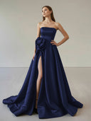 Black Strapless Satin Long Prom Dress With High Split