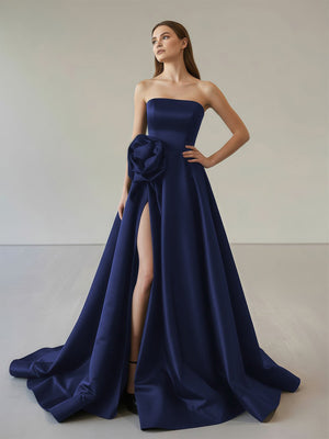 Black Strapless Satin Long Prom Dress With High Split
