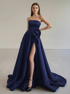 Vanora | Black Strapless Satin Long Prom Dress With High Split - KissProm