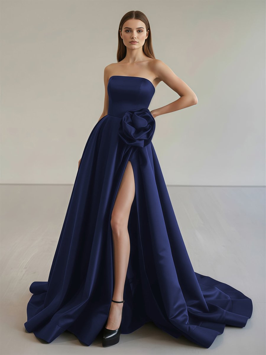 Vanora | Black Strapless Satin Long Prom Dress With High Split - KissProm