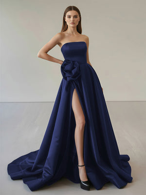 Black Strapless Satin Long Prom Dress With High Split