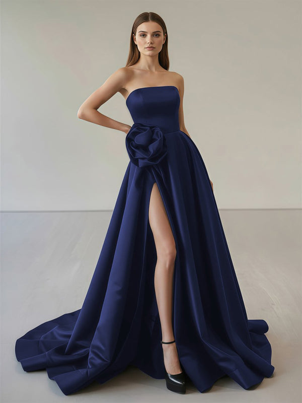 Black Strapless Satin Long Prom Dress With High Split