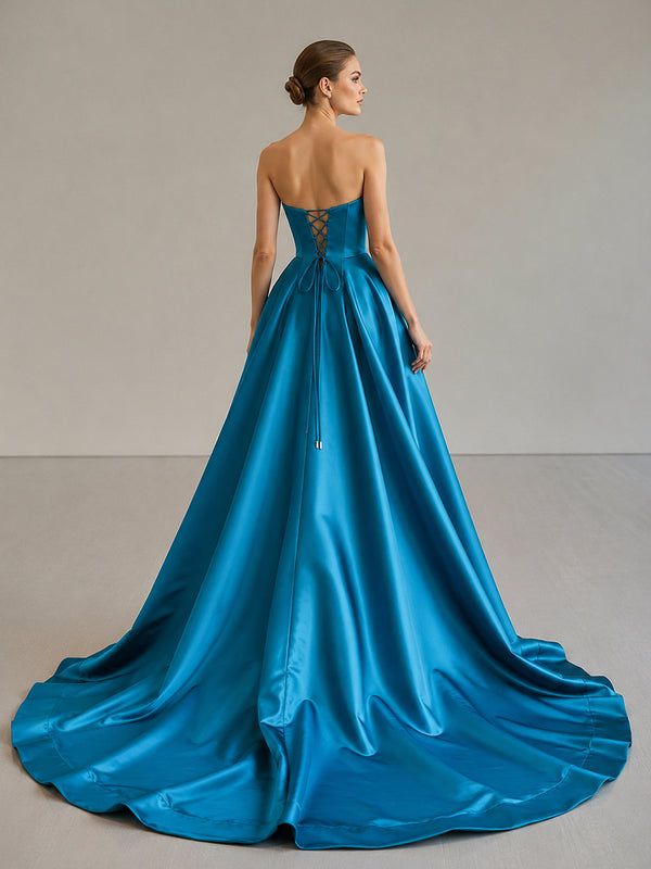 Black Strapless Satin Long Prom Dress With High Split - KissProm