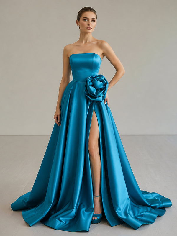 Black Strapless Satin Long Prom Dress With High Split - KissProm