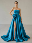 Black Strapless Satin Long Prom Dress With High Split