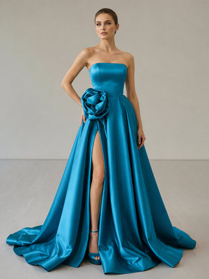 Black Strapless Satin Long Prom Dress With High Split