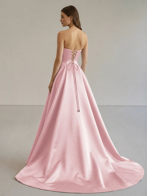 Black Strapless Satin Long Prom Dress With High Split - KissProm
