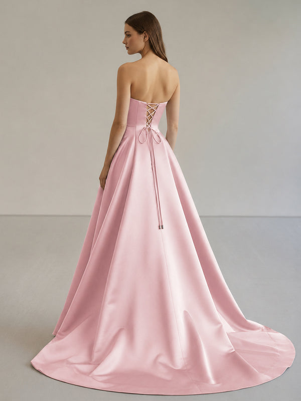 Black Strapless Satin Long Prom Dress With High Split - KissProm