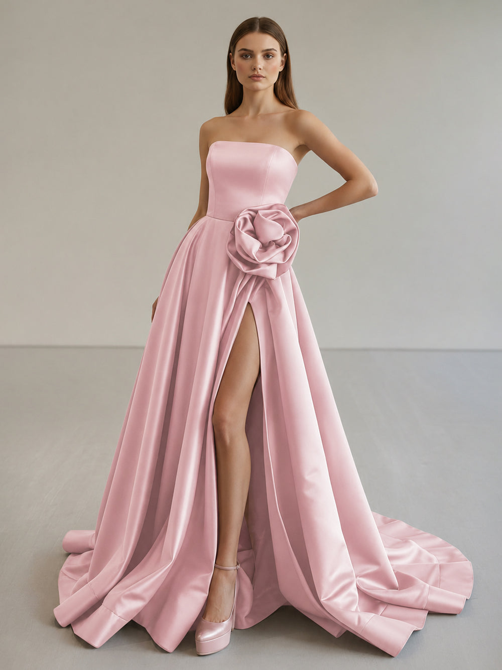 Black Strapless Satin Long Prom Dress With High Split - KissProm