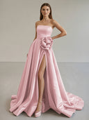 Black Strapless Satin Long Prom Dress With High Split - KissProm
