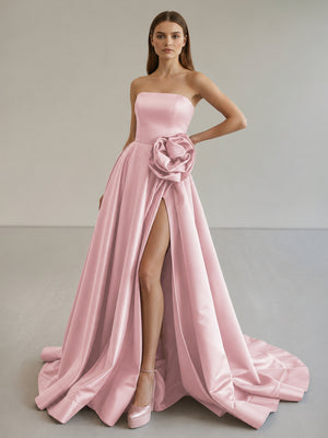 Black Strapless Satin Long Prom Dress With High Split - KissProm