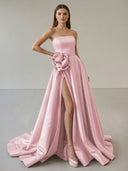 Black Strapless Satin Long Prom Dress With High Split