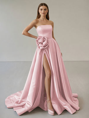 Black Strapless Satin Long Prom Dress With High Split