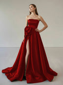 Black Strapless Satin Long Prom Dress With High Split