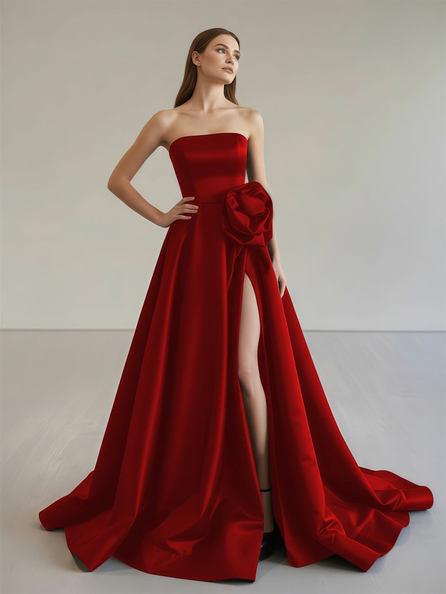 strapless open back dress Black Strapless Satin Long Prom Dress With High Split