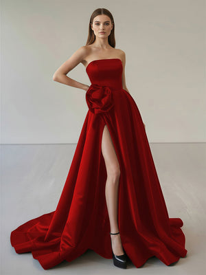 Black Strapless Satin Long Prom Dress With High Split