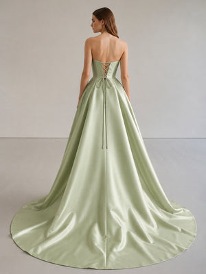 Black Strapless Satin Long Prom Dress With High Split - KissProm