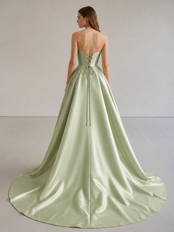 Black Strapless Satin Long Prom Dress With High Split - KissProm