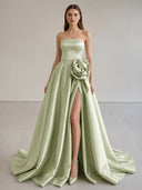 Black Strapless Satin Long Prom Dress With High Split - KissProm
