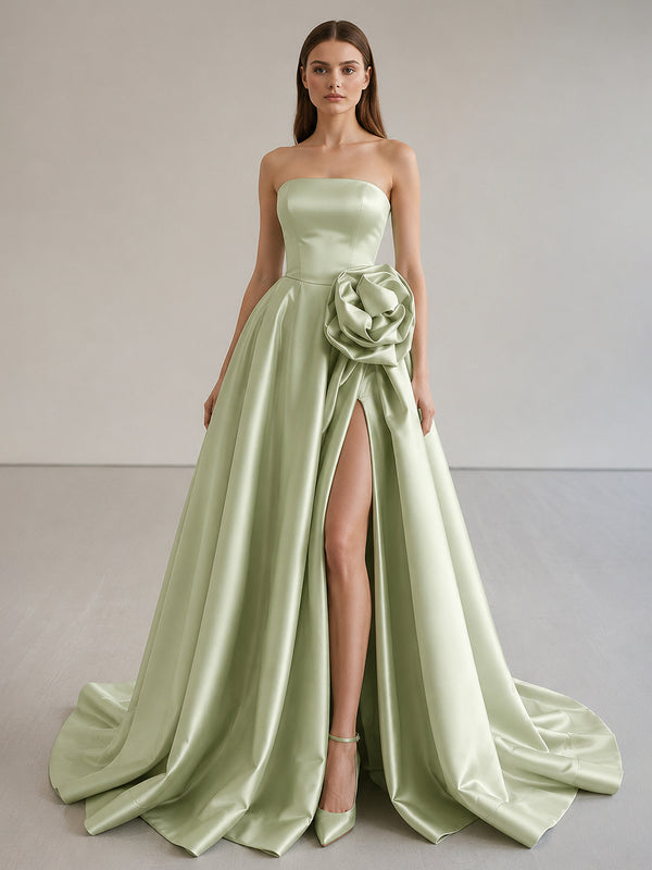 Black Strapless Satin Long Prom Dress With High Split - KissProm