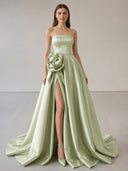 Black Strapless Satin Long Prom Dress With High Split