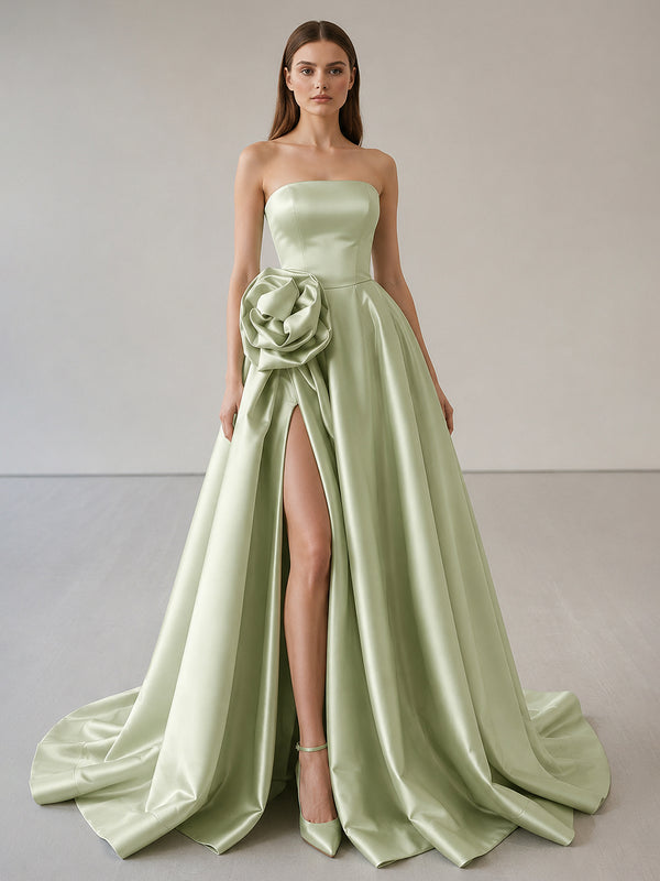 Black Strapless Satin Long Prom Dress With High Split