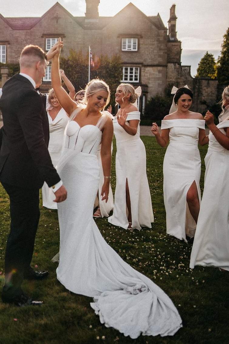 Vanya | White Off - Shoulder Satin Pleats Long Bridesmaid Dress with Slit - KissProm