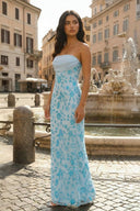 Blue Strapless Sheath Floral Sequins Long Prom Dresses - KissProm