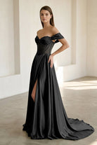 Varelyn | Black - Off The Shoulder A Line Satin Beaded Prom Dresses With Slit-KissProm