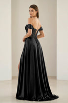 Varelyn | Black - Off The Shoulder A Line Satin Beaded Prom Dresses With Slit-KissProm