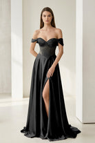 Varelyn | Black - Off The Shoulder A Line Satin Beaded Prom Dresses With Slit-KissProm