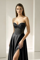Varelyn | Black - Off The Shoulder A Line Satin Beaded Prom Dresses With Slit-KissProm